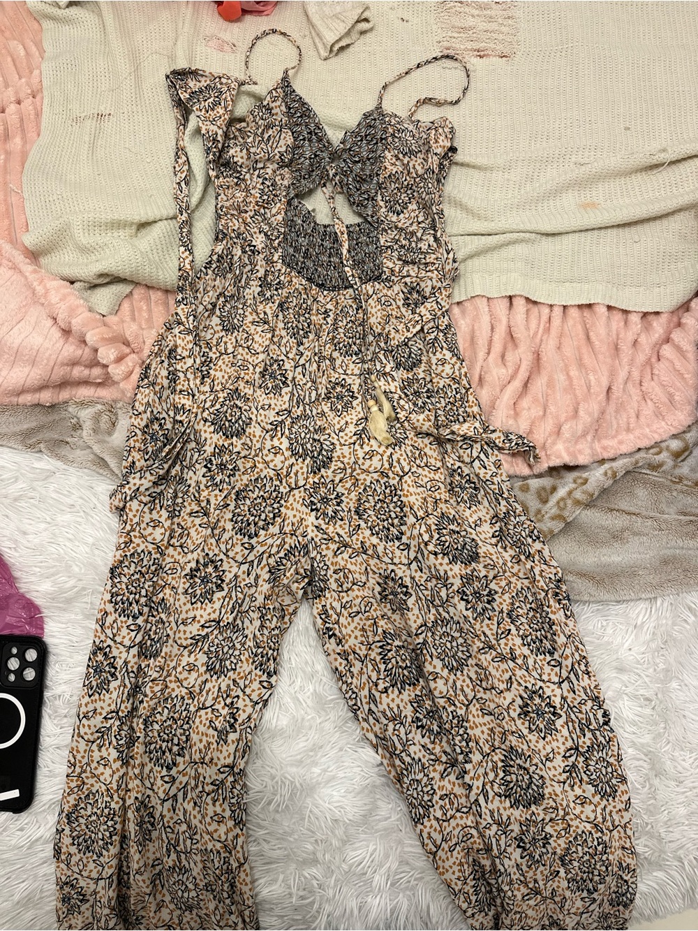 Floral Smocked Bodice Jumpsuit in Beige and Black
